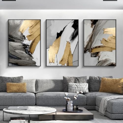 Toile pour loft et appartement moderne triptyque abstrait gris et or