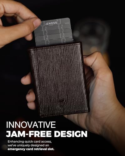 Jenoss Smart Wallet For Men: Full Grain Leather, Handcrafted, Slide Metal Pop Up Case, Slim RFID Blocking Credit Card Holder, Minimalist, Compact - 9-12 Card Organizers | ID | Money Clip (EPI Brown)3