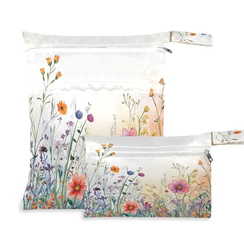 ATTX Watercolor Wildflowers Wet Dry Bags 2-Pack - Reusable Cloth Diaper Storage for Travel, Beach & Gym | Multi-Use Waterproof Bags for Swimsuits, Baby Clothes, Sports Gear#462