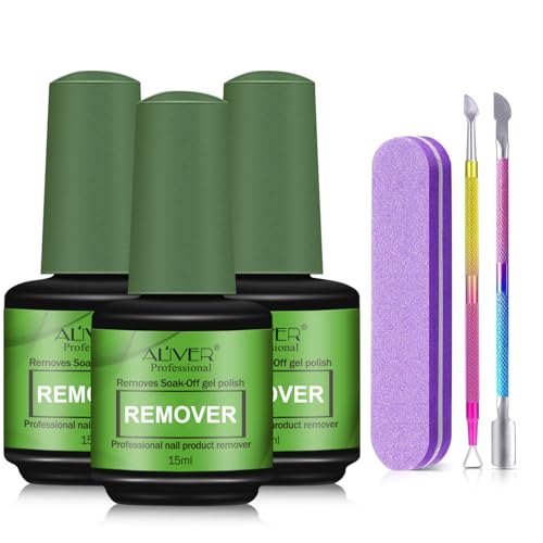 ALIVER Gel Nail Polish Remover - 3 Pack with Tools, 15ml Magic Remover Gel Nail Polish, Quickly Soak Off Nail Polish Remover - Gel Polish Remover
