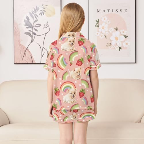 ALAZA Strawberry Puppy Dog Rainbow Blossom Pajamas Satin Pajama Set Short Sleeve Button Down Sleepwear4
