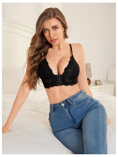 Image of MakeMeChic Lace Bralettes for Women Sexy Bras Sheer Deep V Front Closure Bra