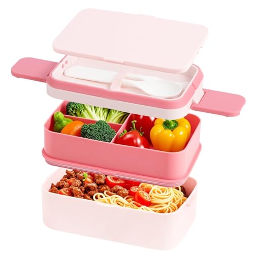 SGAONSN Lonchera Bento de 1960 ml, cajas bento apilables 2 en 1, 2 capas, 4 compartimentos, a prueba de fugas, para adultos y niños, lonchera con compartimentos para escuela, oficina, camping