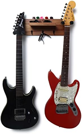 Double Guitar Hanger & Wall Shelf from Guitar Lab | 2 Rotating Rubber Hooks | Storage Shelf, Hooks & Pick Holder| Perfect for Electric/Bass/Acoustic/Ukelele Guitars | Christmas Gift