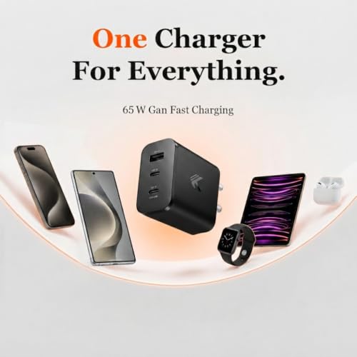 Image of KARWAN Original 65W GaN Charger with Cable, 3 Multi Port Adapter for iPhone,iPad,Samsung,Nothing,Google Smartphones,Tablet & More,Compact Rapid Superfast Charger with Gan,QC 3.0,PD-3.1,PPS Technology
