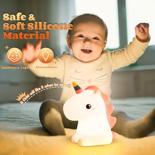 Image of Silicone Unicorn Night Light for Kids - Rechargeable LED Bedside Lamp with 7 Color Changing Modes, Soft Cute Unicorn Lamp for Baby Bedroom, Nursery & Gift
