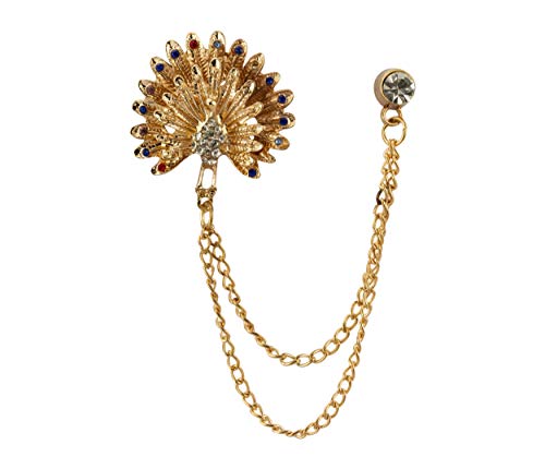 Knighthood Golden Swarovski Peacock with Hanging Chain Lapel Pin/Brooch