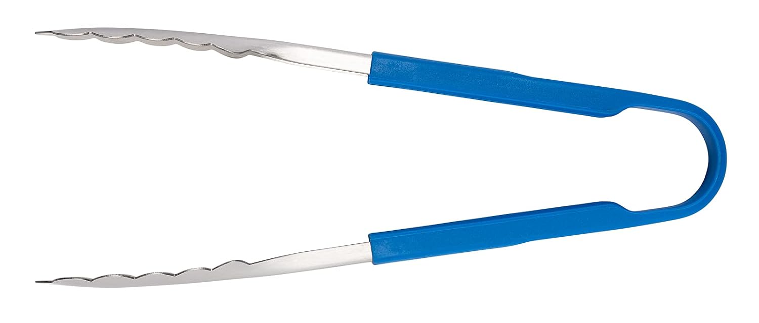 Dexter Russell 91509 Utility Tong, 9½" Heavy Duty Stainless Steel Construction, Scalloped Tips, Blue Heat-Resistant Silicone Handle, NSF Certified, High Heat Kitchen and Grill Cooking Tong