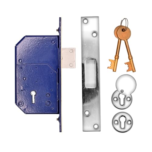 Image of TSS Retro Fit British Standard Upright 5-Lever Mortice Deadlock – 40 mm / 53 mm Backset Upright Deadlock – BS3621 5 Lever Mortice Lock for External Timber Doors - with Fixings (Satin Chrome)