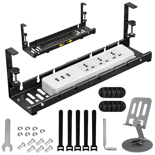 Image of Under Desk Cable Management Tray with Mobile Stand, Metal Wire Organizer Rack, Adjustable 3-in-1 Cable Holder with Velcro Strips, Screws, Allen Key & 4 Cable Protectors