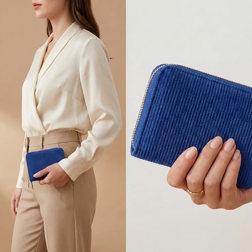 Cartera pequeña mujer pana azul para guardar monedas y tarjetas 5