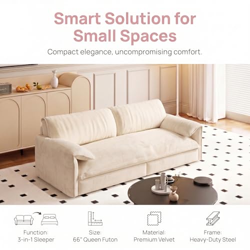 NicBex 66" Queen Pull Out Sofa Bed, 3-in-1 Extendable Futon Sleeper Sofa with Pillow Armrest, Modern Velvet Multi-Functional Convertible Couch for Small Space, Apartment, Bedroom, Living Room, Beige by NicBex - Used condition - Image 5