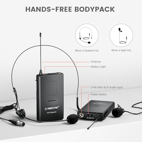Phenyx Pro Wireless Microphone System, VHF Wireless Mic Set with Handheld/Bodypack/Headset/Lapel Mics, Stable Signal, Cordless Microphone for Singing, Karaoke, Church, DJ (PTV-1-1H1B) - Thumbnail 5