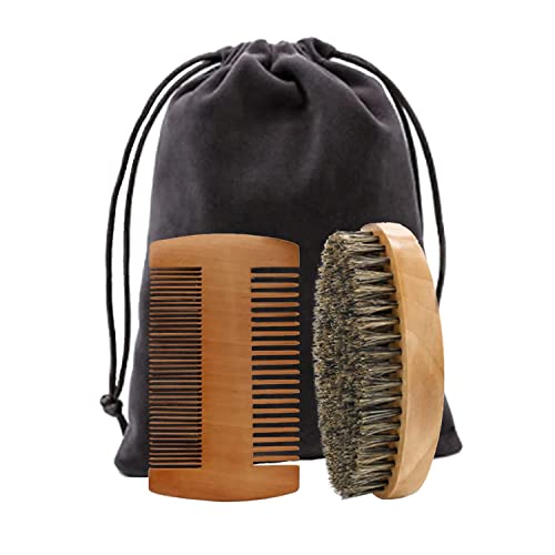 Wooden Boar Bristle Beard Brush & Anti Static Moustache Comb Set - Portable, Removes Debris, Massages Face