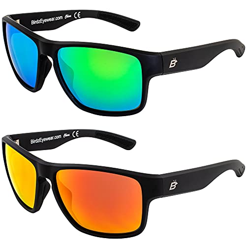 Birdz Eyewear Glide 2 Pairs Sunglasses for Men or Women Scratch Resistant Lens Lightweight Black Square Frame Green and Red Mirror Lens