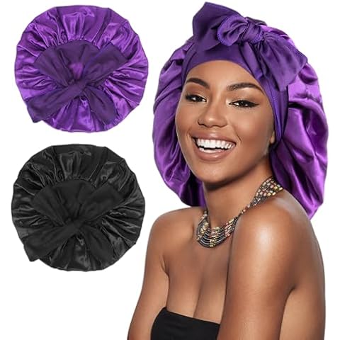 Arqumi 2 Pcs Satin Silk Bonnet for Sleeping Women, Large Long Strap Tie Band Adjustable Sleep Night Cap Hair Bonnet Wrap for Men, Black+Purple Cover