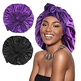 Arqumi 2 Pcs Satin Silk Bonnet for Sleeping Women, Large Long Strap Tie Band Adjustable Sleep Night Cap Hair Bonnet Wrap for Men, Black+Purple