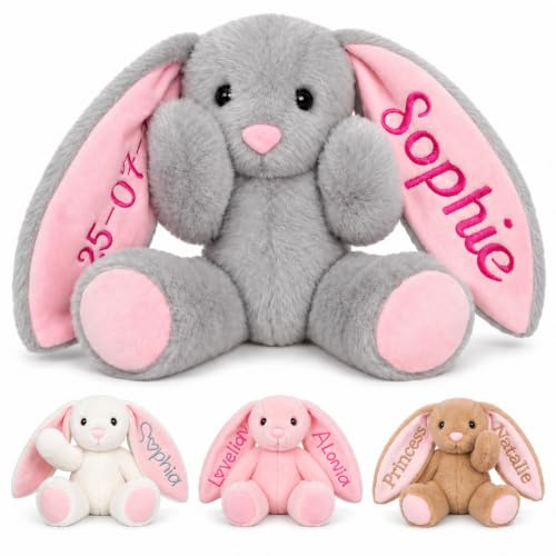 MYPHNEX Personalized Bunny Stuffed Animal, Custom Bunny Plush with Embroidered Name, Toys for 1 2 3 Year Old Baby Girls Boys, Customized Christmas Birthday Gifts for Infant Toddler Newborn (Bunny)