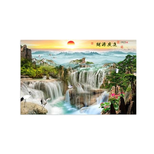 Impression sur toile paysage chinois avec oiseau et cascade 40x65cm