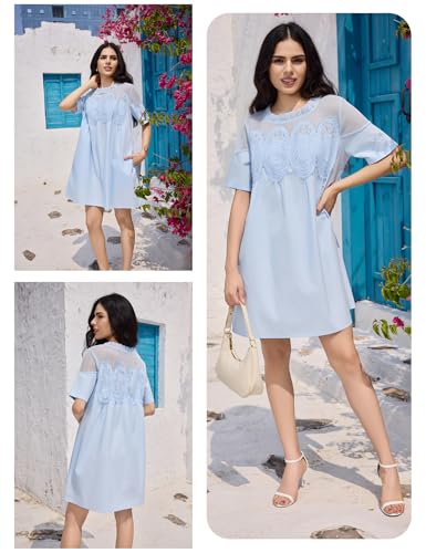 Image of Shiyifa Womens Babydoll Lace Patchwork Dresses Summer Short Sleeve Ruffle Sundress Loose Crew Neck A-Line Dresses