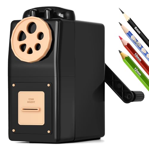 GUCOLUBU Sacapuntas manual de escritorio con contenedor, 5 grados de grosor y 6 calibres de agujero para bolígrafo (6-12 mm), autoajustable, adecuado para estudiantes, niños y artistas (negro)