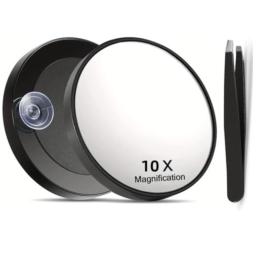 STERUN 10X & 20X Magnifying Mirror with Tweezer, Suction Cups, Small Travel Makeup Mirror for Eyebrow Tweezing, Blackhead Removal, Shaving | Compact (10X)