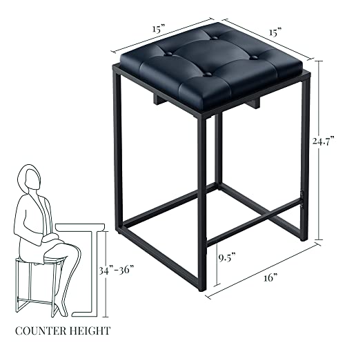 Aurorome Modern Bar Stools Set Of 2, Metal Frame Square Backless Bar Chairs With Tufted Faux Leather Upholstery, Kitchen Island Stools For Counter/Home Bar/Pub, 24 Inch, Blue #TOP1