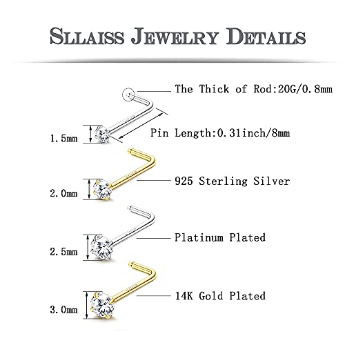 Sllaiss 8Pcs 20G Nose Rings 925 Sterling Silver 14K Gold Plated L Shaped Nose Studs Nose Piercing Jewelry For Women Men 1.5Mm 2Mm 2.5Mm 3Mm Cz #TOP2