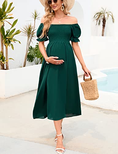 Aiswi Women's 2023 Maternity Dress Summer Square Neck Smocked Long Dress Short Puff Sleeves Baby Shower Pregnancy, Aventurine Green, Medium #TOP3