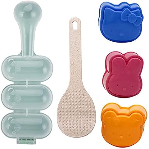 Sushi Shake Rice Ball Mold Sushi Maker Tool Set 1 Rice Ball Mold 3 Animal Rice Decorating Mold and 1 Piece Rice Paddle Home DIY Sushi Making kit (5pcs, Green) Cover