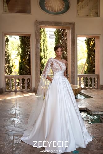 Zeeyecie Ruffle Satin Wedding Dresses 2025 A-Line Crew Neck Lace Applique Sequins Beads Sparkly Bridal Gown with Pockets2