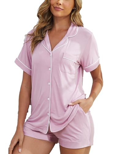 Pajama Sets for Women 2 Piece Soft Button Down Pj Sets Sleepwear Short Sleeve Loungewear Shorts with Pockets, S-XXL