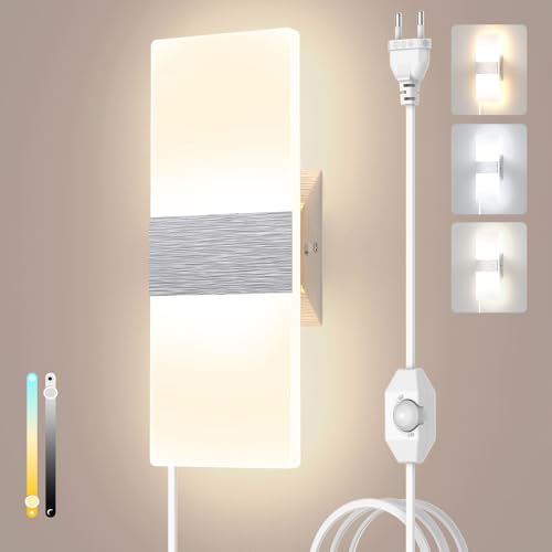 Sytmhoe 12W Applique Da Parete Con Spina e Interruttore Dimmerabile, 3000K 4500K 6000K Moderna E27 Led Lampada Al Muro Camera Da Letto Soggiorno, Argento Acrilico Soppalco Luce a Muro Interno