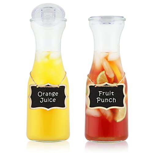 AYL Set of 2 Glass Carafe with Lids, 32 Oz Water Pitcher Beverage Serveware Carafe, Clear Glass Pitcher for Mimosa Bar, Cold Water, Brunch, Wine, Juice, Milk, Iced Tea, Lemonade,1 Hand Pour Lid