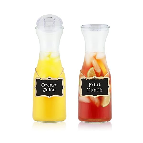 AYL Set of 2 Glass Carafe with Lids, 32 Oz Water Pitcher Beverage Serveware Carafe, Clear Glass Pitcher for Mimosa Bar, Cold Water, Brunch, Wine, Juice, Milk, Iced Tea, Lemonade,1 Hand Pour Lid