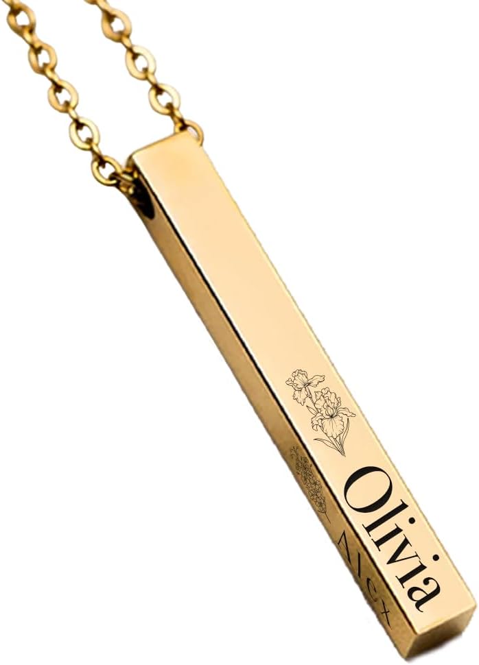 Elosh Customized Elegance Prime Birth Flower Bar Necklace with Engraved Name Pendant Personalized with your text Custom made up to 4 Birthflowers with Names