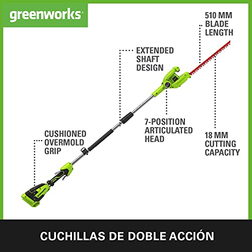 Greenworks G40PHAK2 Cortasetos Pértiga a Batería Eje Divisible, Cuchillas Doble Acción 51 cm, Corta Ramas 18 mm Grosor, Pivote Cabezal 125°, 3000 spm, Batería 40 V 2 Ah y Cargador