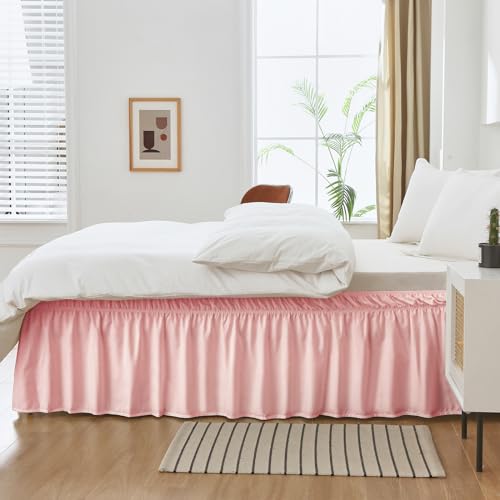 MEILA Wrap Around Bed Skirt Three Fabric Sides Elastic Dust Ruffled 16 Inch Tailored Drop,Easy to Install Fade Resistant-Pink, Queen/King - Thumbnail 4
