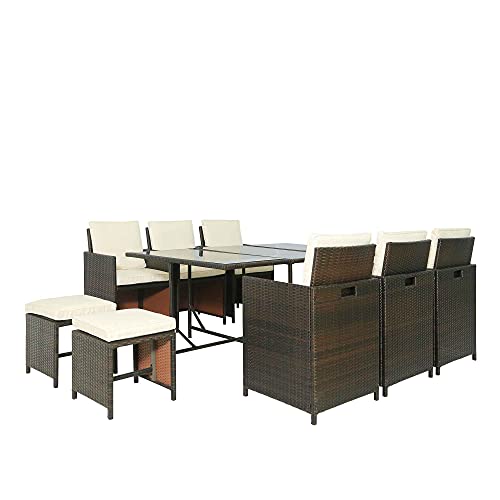 Tulib 11 Pieces 11Pieces Patio Dining Sets, Outdoor Space Saving Rattan Chairs with Glass Table, PE Wicker Furniture Cushioned Seating and Back Sectional Conversation (Brown)