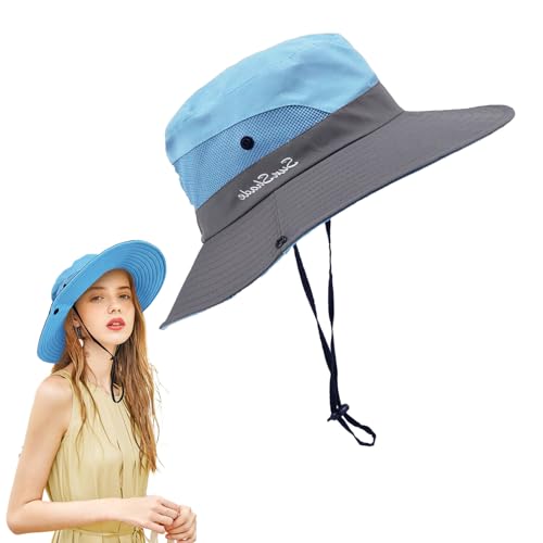 FUIPVGI Sonnenhut Damen, Faltbarer Sonnenhut UV Schutz mit Verstellbare Kinnband, Breite Krempe Mesh Strand mit Pferdeschwanzloch für Fischer, Wandern, Outdoor, Gartenarbeit, Reisen (Blau)