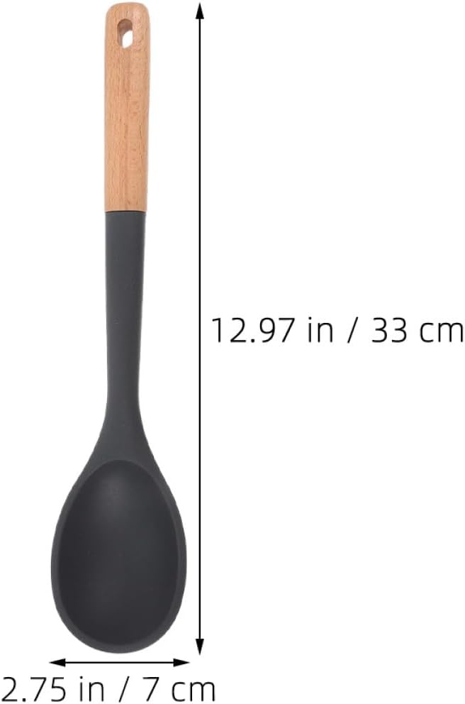 2pcs Large - Silicone Cooking Spoon Nonstick Kitchen Utensils Wooden Handles for Serving Stirring and Flipping Wok Spoon
