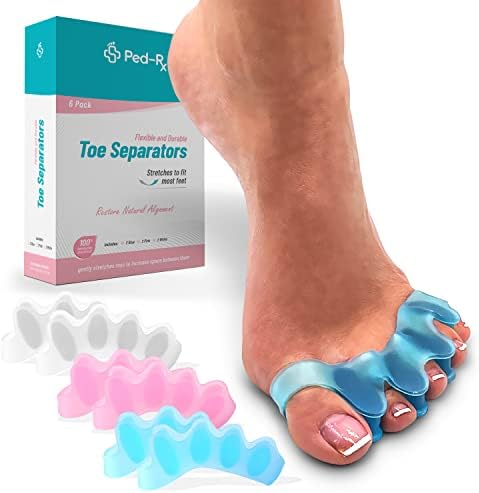 [3 pairs] Ped-Rx Toe Separators - Toe Stretchers - to Straighten Overlapping Toes, Crooked Toes, Hammer Toe, Correct Bunions, Restore Natural Alignment - Universal Size - 6 Pieces (Blue/Pink/White)