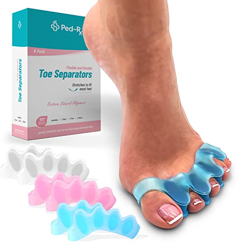 [3 Pairs] Ped-Rx Toe Separators - Toe Stretchers - To Straighten Overlapping Toes, Crooked Toes, Hammer Toe, Correct Bunions, Restore Natural Alignment - Universal Size - 6 Pieces (Blue/Pink/White) #TOP2