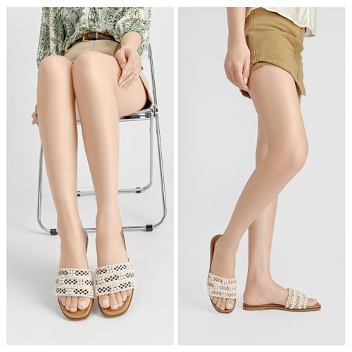 ALLOT Women's Pearls Flat Sandals Square Toe Slip On Comfortable Slides Summer Casual Beach Shoes2