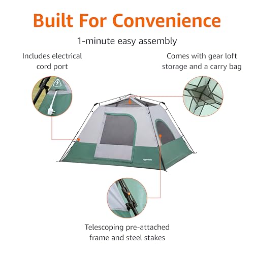 Amazon Basics 6-Person Instant Camping Tent, Easy Setup in 60 Seconds, Weather-Resistant with Rainfly for Family Camping and Hiking, Spacious, Green - Image 3