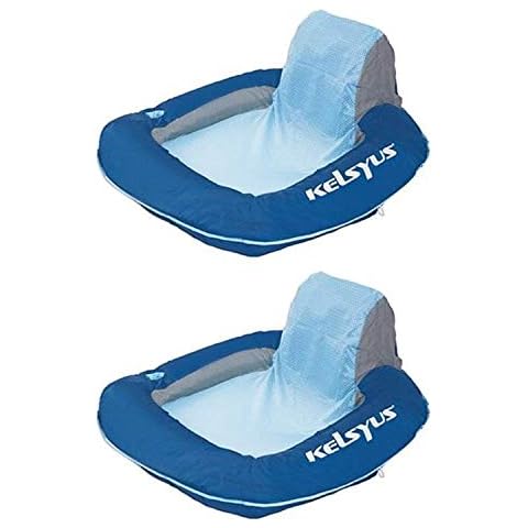 Kelsyus Floating Swimming Pool Lounger Inflatable Chair w/Built-in Cup Holder & Clip, Blue (2 Pack) Cover