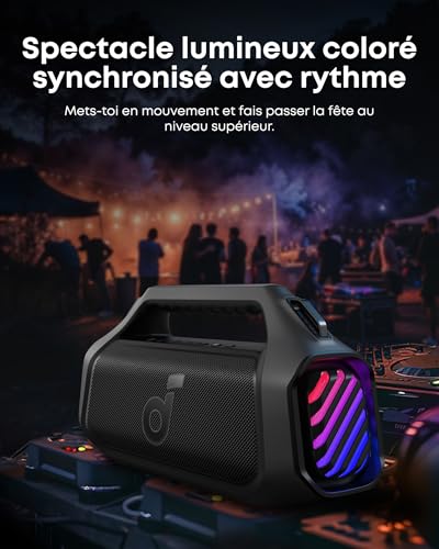 Soundcore Boom 2 Plus Enceinte Bluetooth puissante, 140W, 2+2 canaux stéréo, BassUp 2.0,Charge Rapide 30W, 20h, IPX7, lumières RGB, USB-C, pour l'extérieur, Le Camping, la Plage et Le Jardin