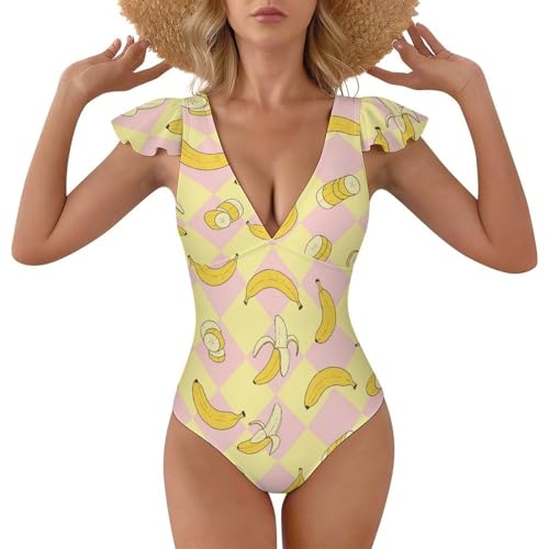 DGTXWIT Women's Ruffle Swimsuit V-Neck Banana Cute Peeling Tummy Control