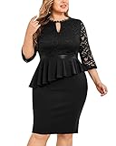 Miusol Women's Plus Size Lace Keyhole Neckline Peplum Bodycon Vintage Cocktail Party Dress A-Black