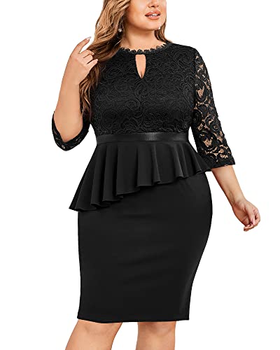 Image of Miusol Women's Plus Size Lace Keyhole Neckline Peplum Bodycon Vintage Cocktail Party Dress